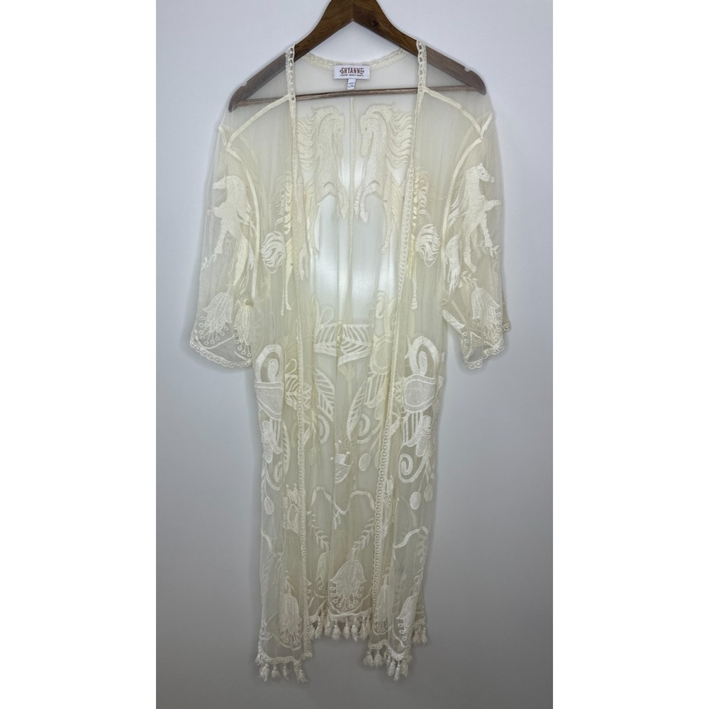 Shyanne Sheer Embroidered Horse Theme Lace Kimono Tassel Fringe Duster L/XL - Picture 5 of 14